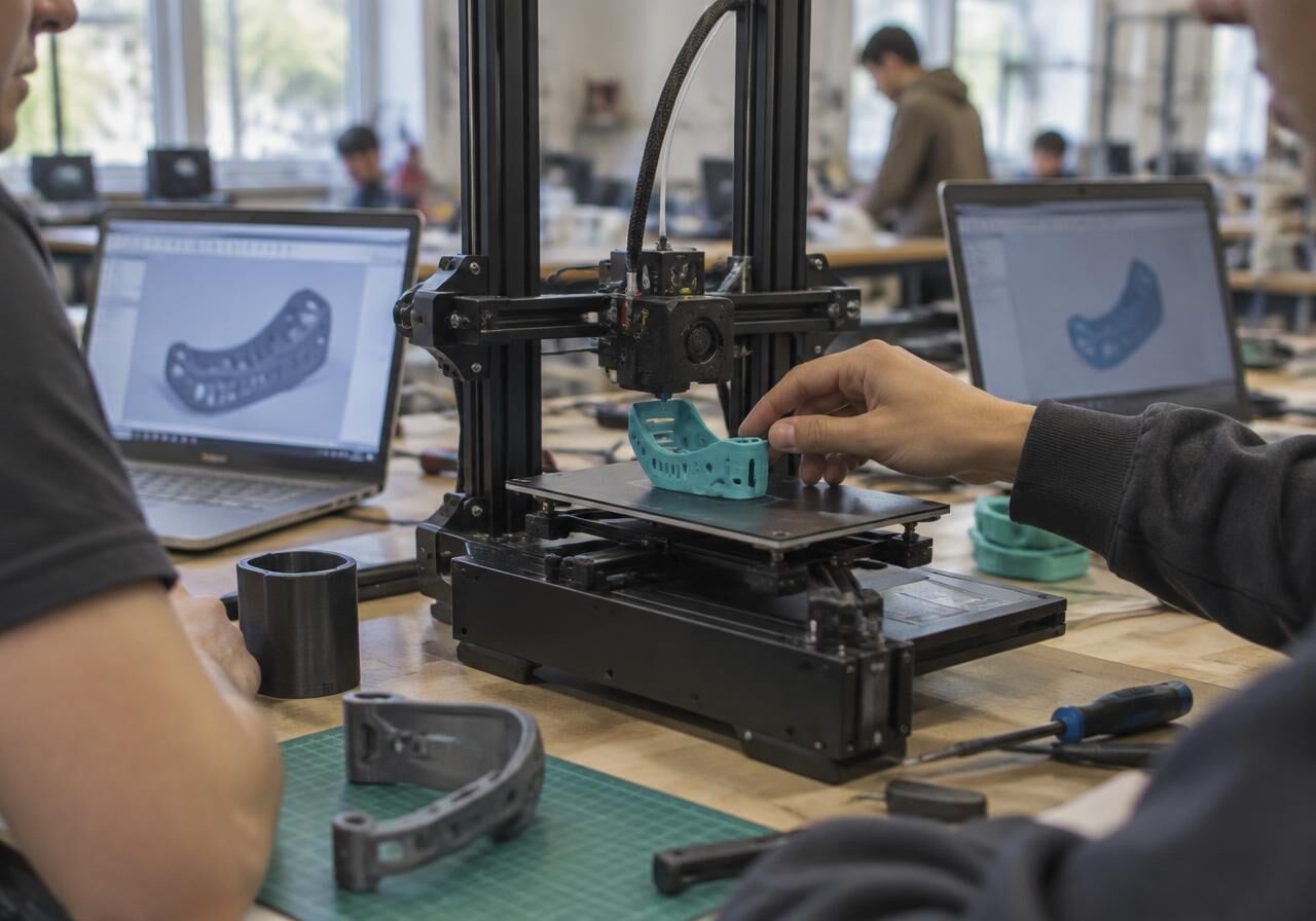 Estudiantes ajustando un prototipo impreso en 3D en un laboratorio de fabricación