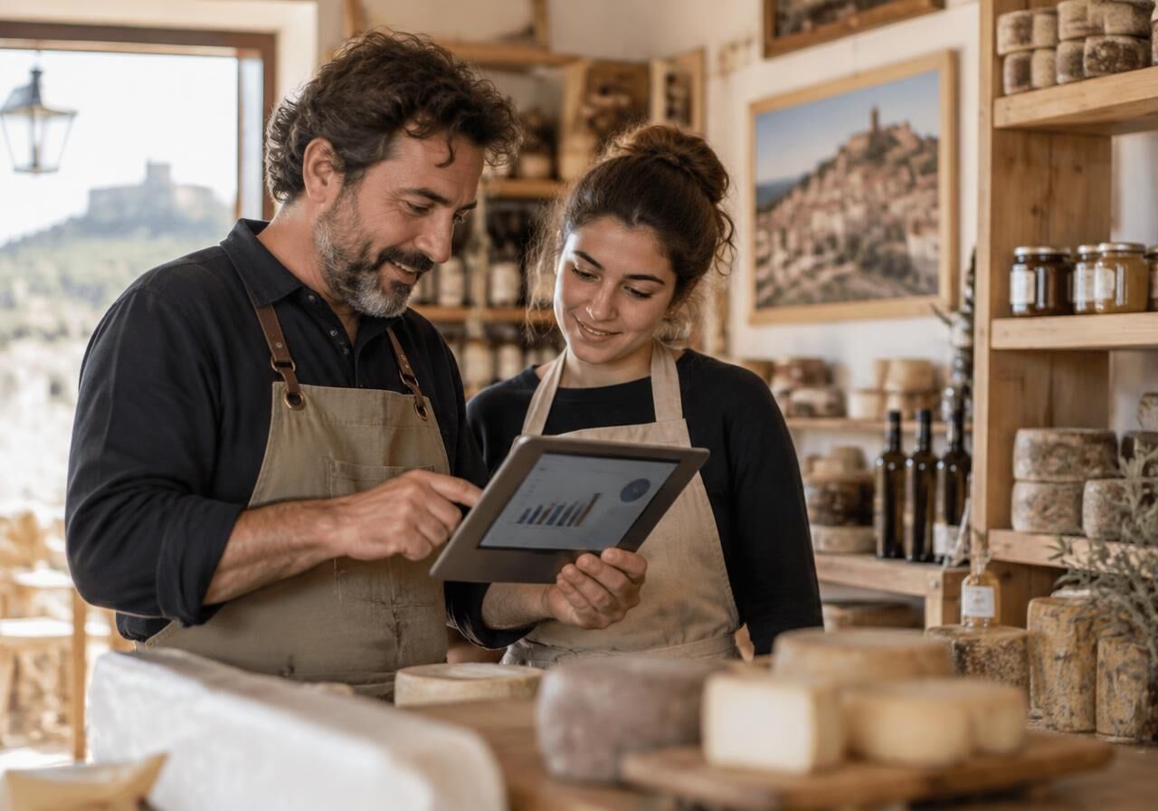 Responsable de un pequeño negocio y una aprendiz consultando una tableta